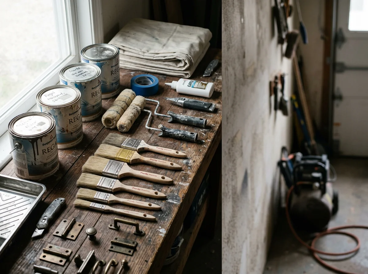 Professional painting tools and equipment arranged on a work surface, ready for interior and exterior finishing projects.
