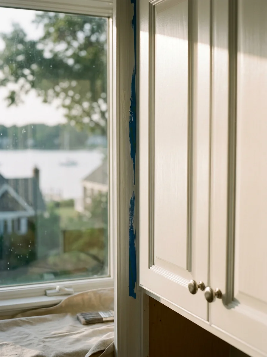 Freshly painted kitchen cabinets in a mid-century Manhasset colonial, showing clean white finish on solid wood doors with Manhasset Bay visible through the kitchen window.