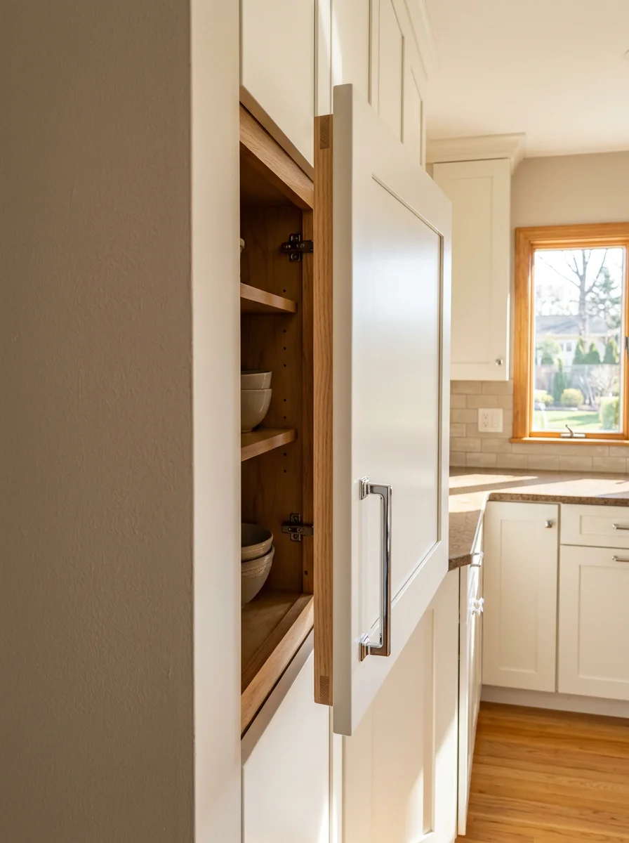 Freshly painted kitchen cabinets in a Massapequa ranch home, showing clean white finish on solid wood doors with new hardware installed.
