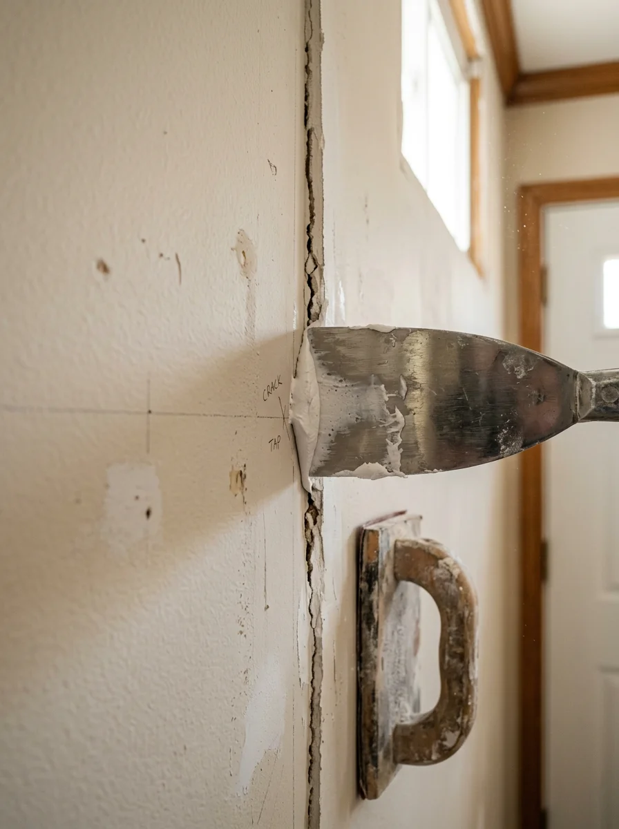 Close-up of a painter applying spackle to a cracked drywall seam in a Nassau County home before painting, with a wide putty knife and sanding block nearby.