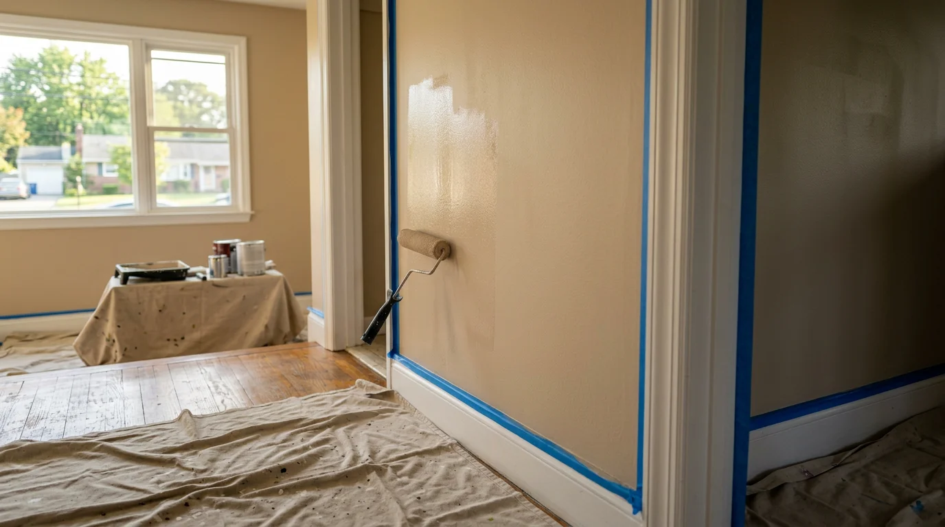 Painter rolling a fresh coat of interior paint on the walls of a mid-century Nassau County split-level home, with trim masked and drop cloths protecting the hardwood floor.