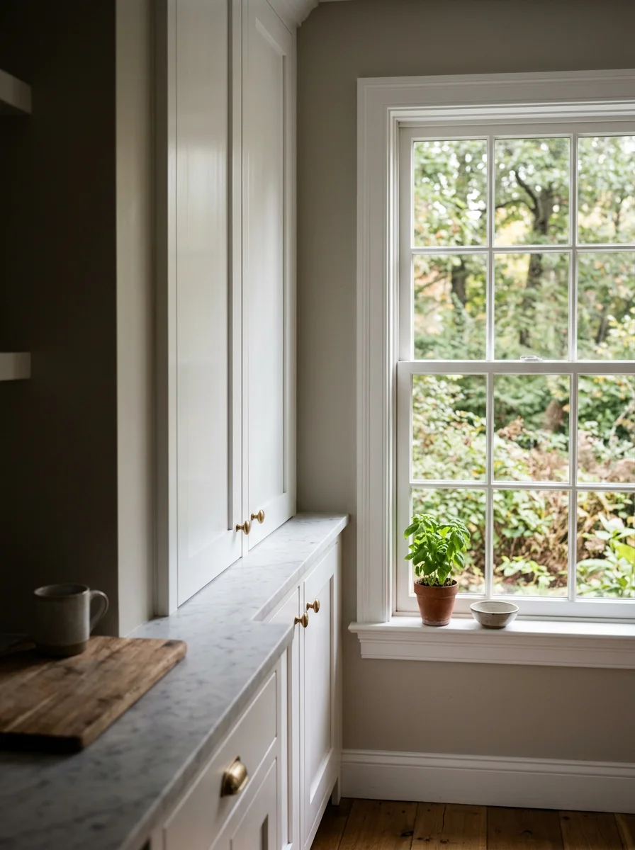 Freshly painted white kitchen cabinets in an East Northport colonial, showing clean consistent finish on solid wood doors with the harbor village's wooded lot visible through the window.