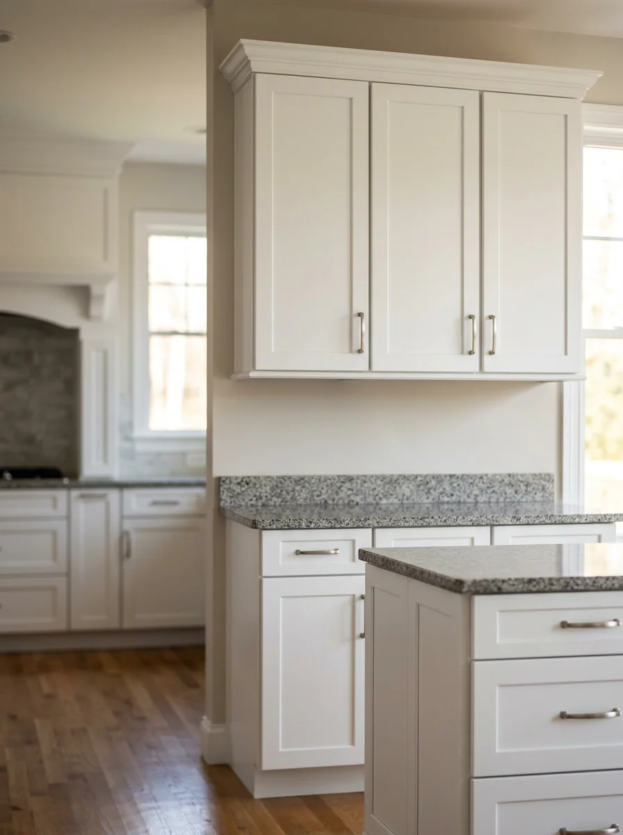 Freshly painted large kitchen with white cabinet doors and drawer fronts in a Woodbury home, showing consistent finish across island cabinets and upper wall cabinets.