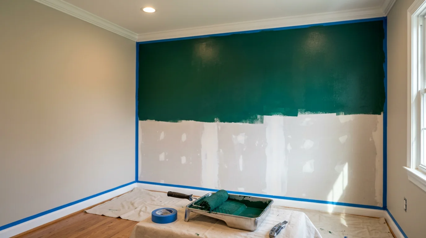 A freshly painted deep green accent wall behind a bed in a Nassau County home, with crisp edges where the color meets white trim and the adjacent neutral walls. The finish is smooth and even, with no visible brush marks or bleed along the ceiling line.