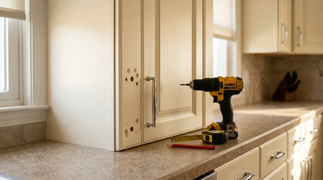 Close-up of newly installed cabinet pulls on white kitchen cabinet doors in a Nassau County home, with consistent spacing and clean hole placement visible across the drawer fronts.