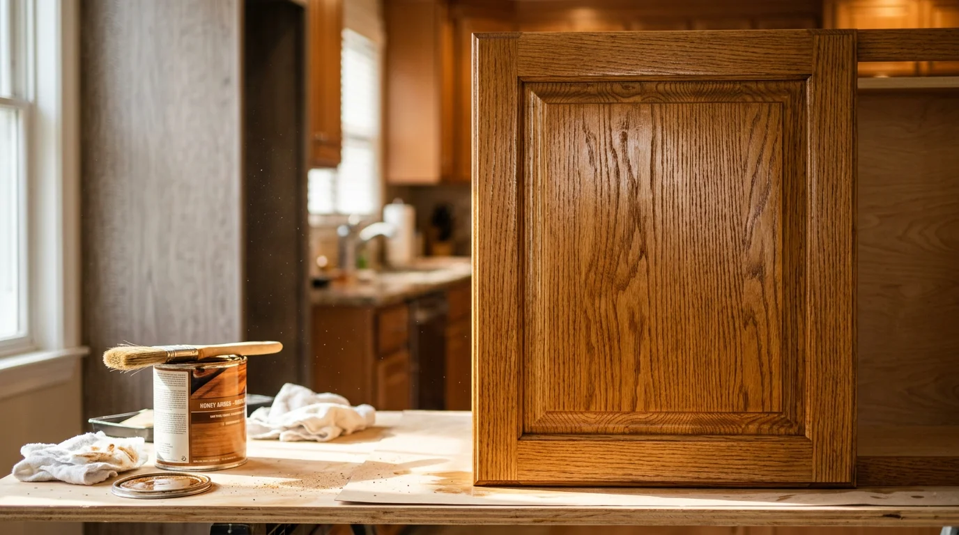Close-up of freshly stained solid wood kitchen cabinets in a Nassau County home, showing rich wood grain detail and a smooth, even finish. Cabinet doors and drawer fronts display warm, natural wood tones consistent with a professional staining application.