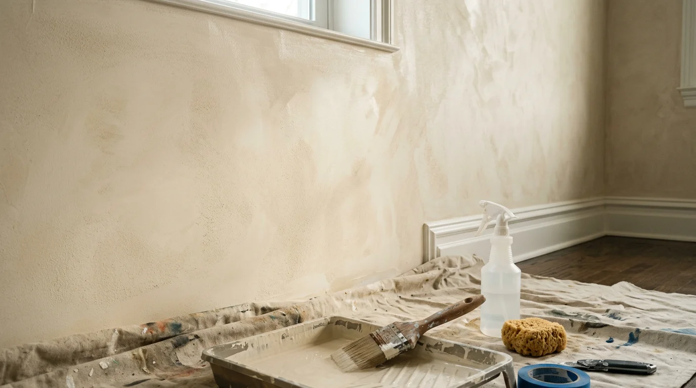 A Nassau County living room wall with a hand-applied layered custom finish showing soft texture and depth. The finish complements the trim and natural light of a classic Long Island Colonial interior.