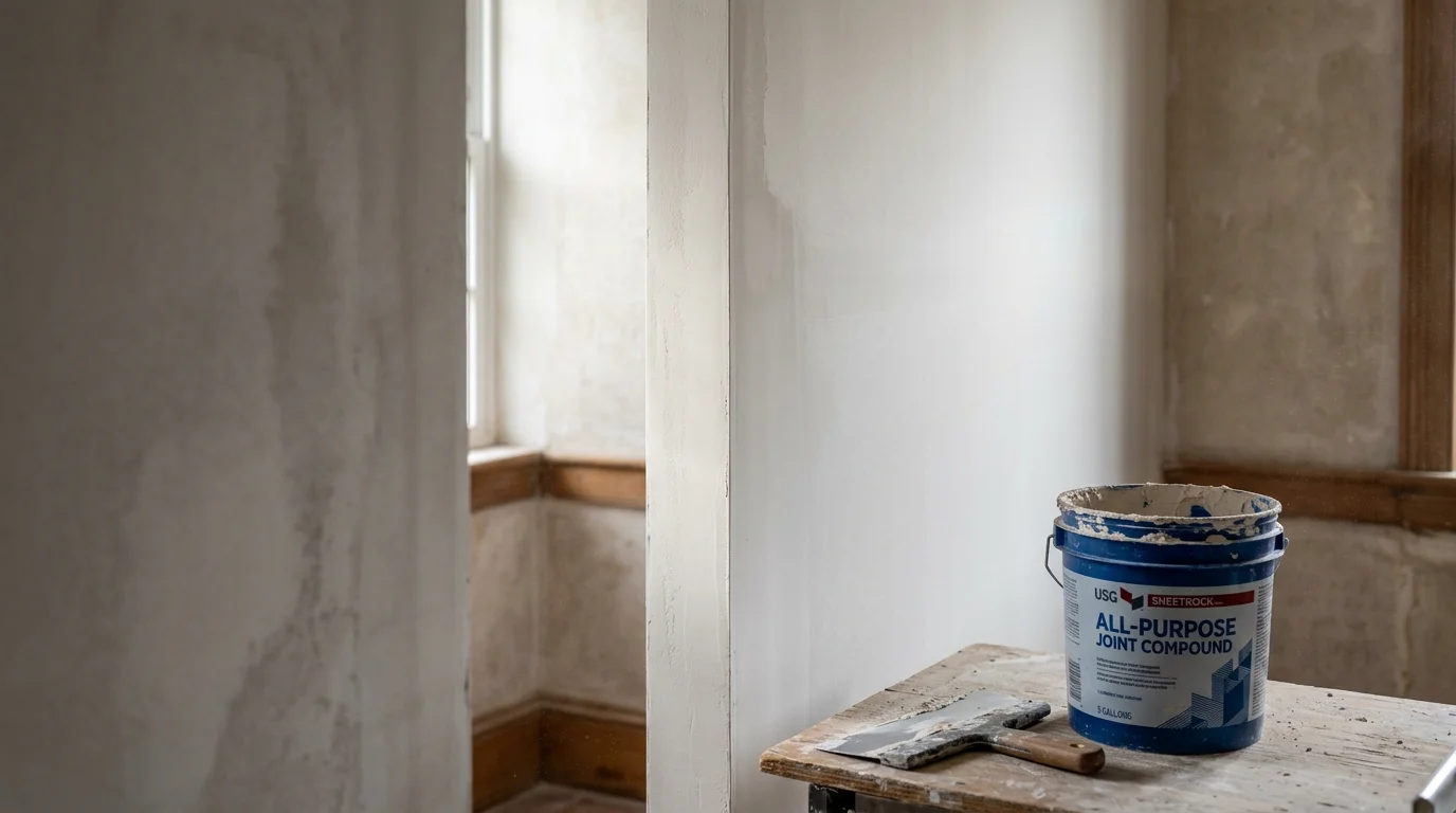 A freshly finished drywall wall and ceiling in a Nassau County home, showing a smooth, seam-free surface ready for paint. Close-up view highlights flat joint lines and an even texture throughout the room.