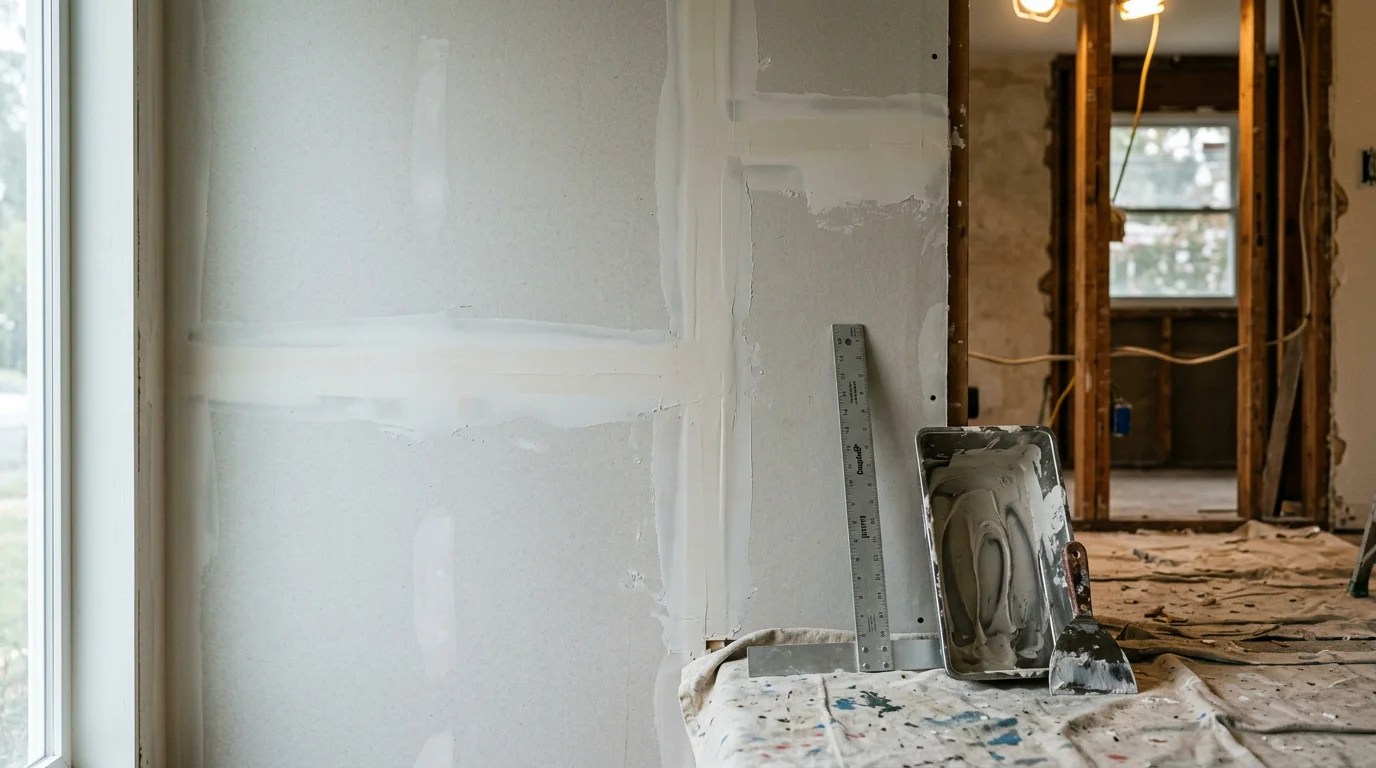 Freshly installed drywall panels covering the walls and ceiling of a room in a Nassau County home, with clean seams and no visible damage, ready for taping and paint.
