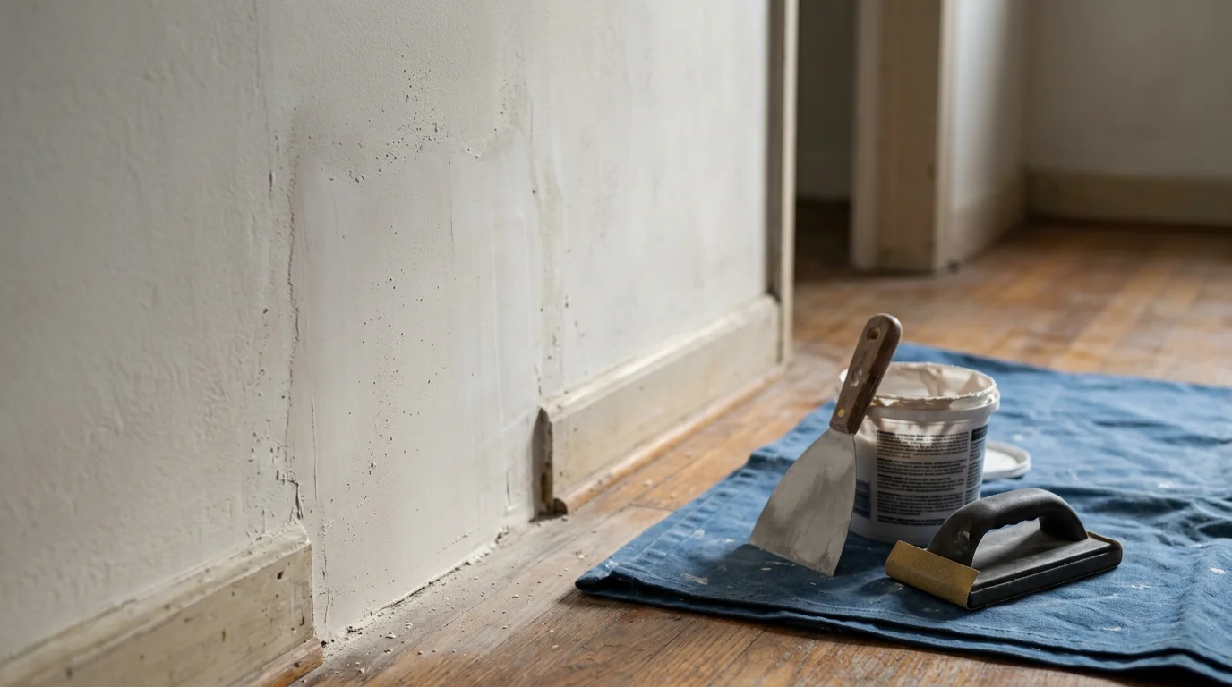 A smooth, freshly repaired interior wall in a Nassau County home showing a seamless patch blended into the surrounding drywall surface. The repaired area is ready for paint with no visible seams or texture differences.