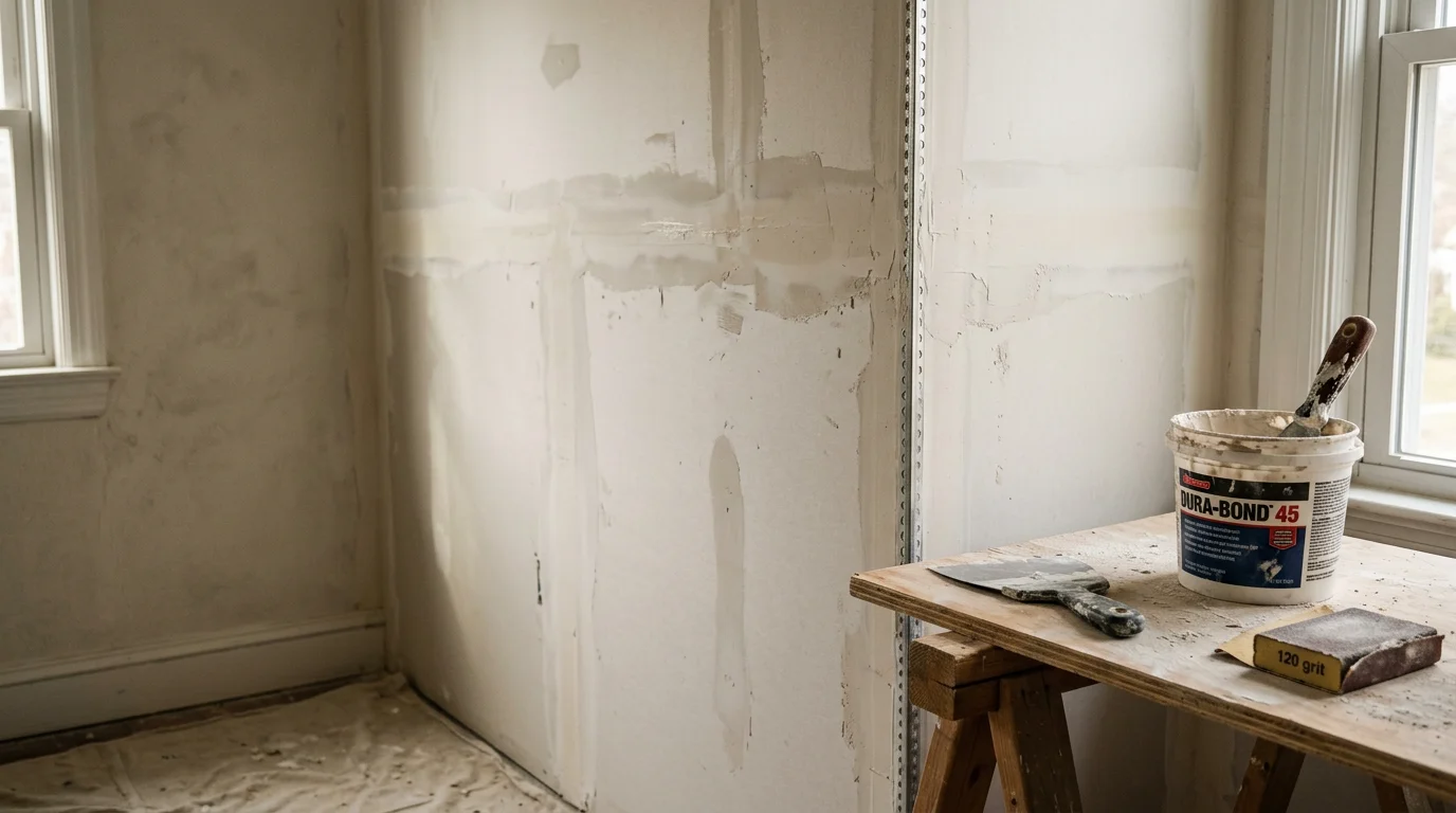 A freshly taped and sanded drywall wall in a Nassau County home interior, showing smooth, seam-free surfaces ready for primer and paint. Joint compound has been feathered evenly across panel seams with no visible ridges or tape lines.