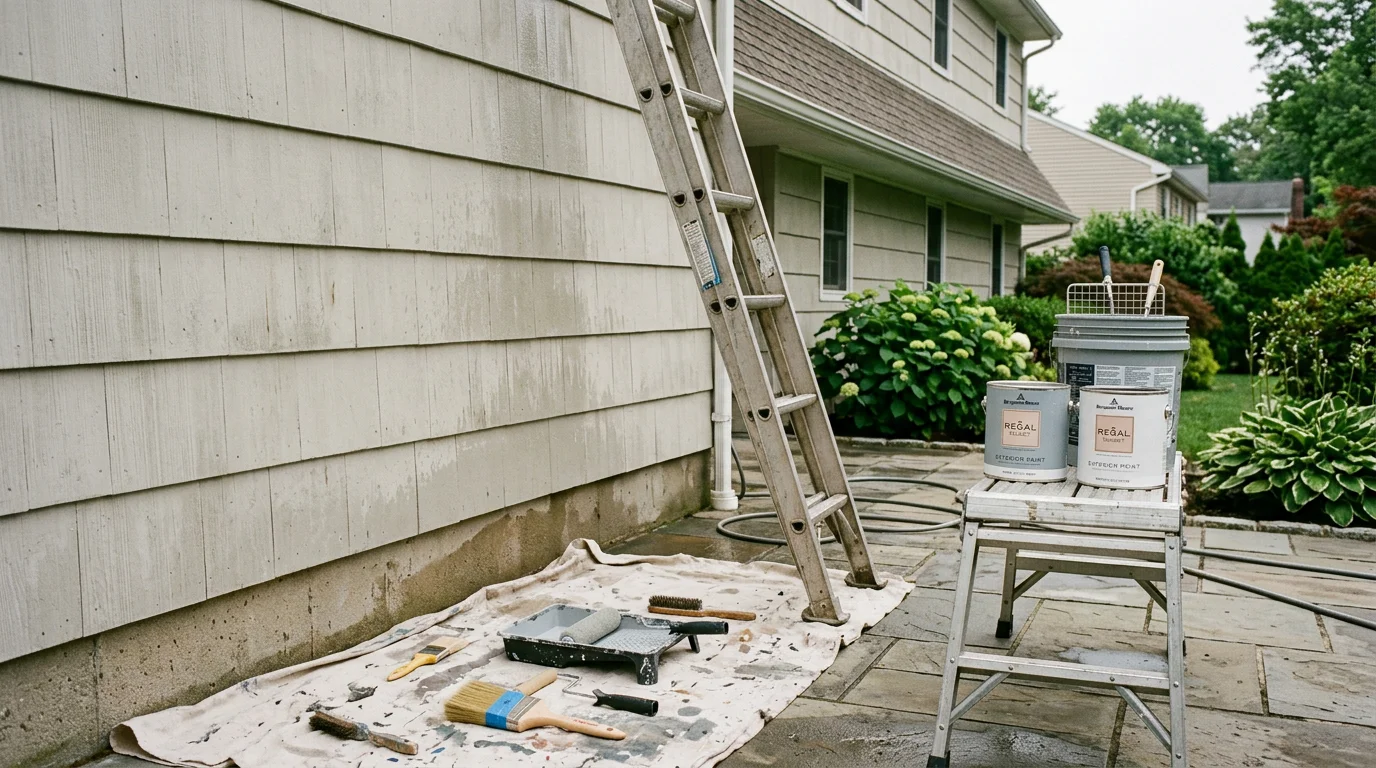 A freshly painted colonial-style home exterior in Nassau County, Long Island, with clean siding, painted trim, and strong curb appeal on a residential street. The finished surface shows even color coverage with no peeling or fading visible.