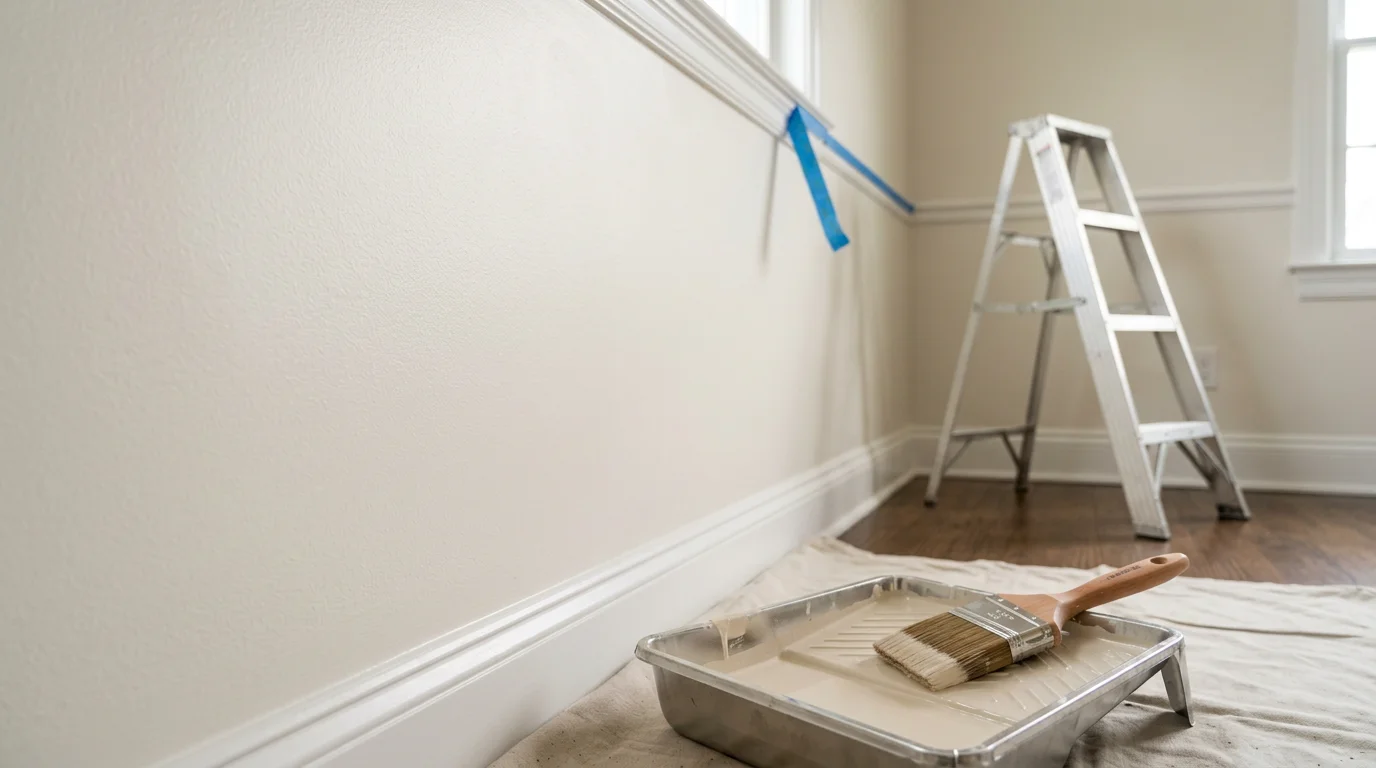 Freshly painted interior living room walls in a Nassau County Colonial-style home, showing clean edges at the crown molding and a smooth, even finish in a warm neutral tone.