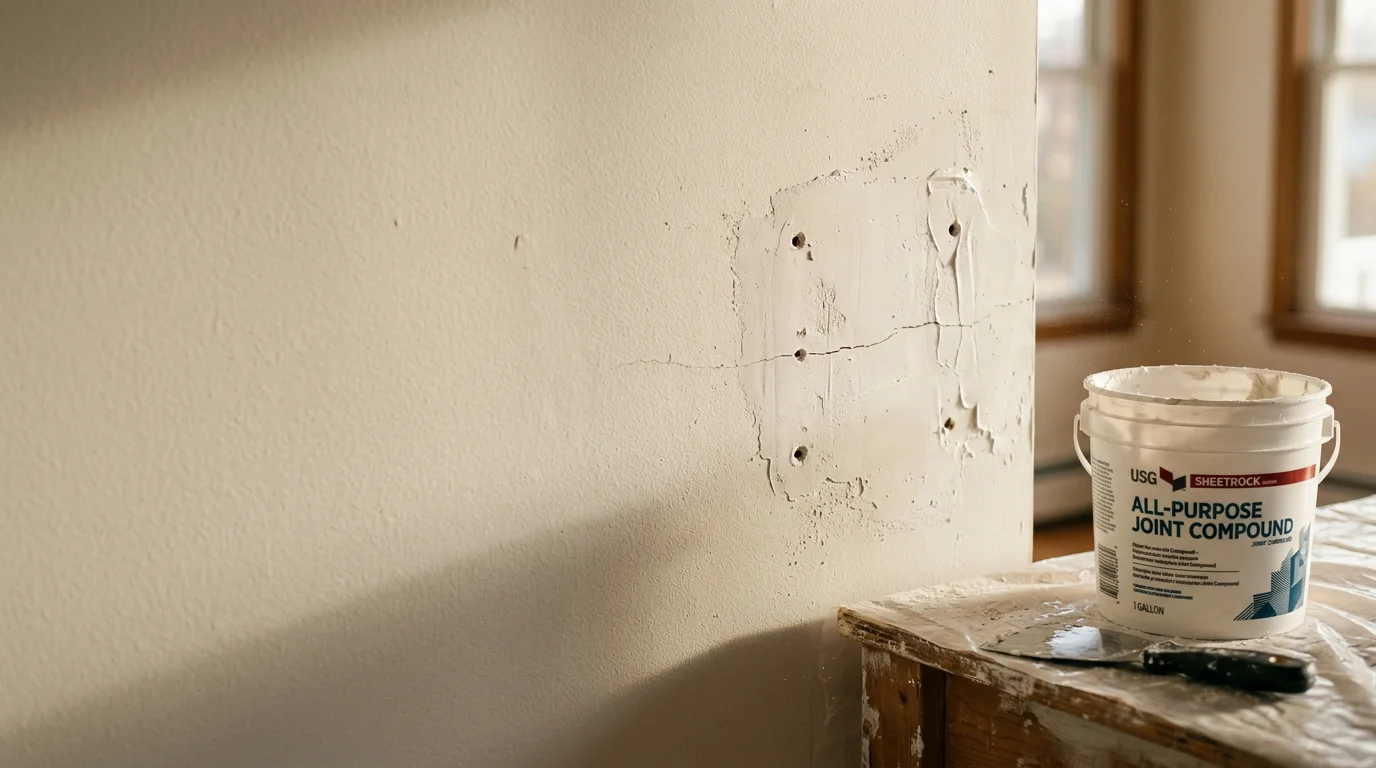 A smooth, freshly patched and sanded interior wall in a Nassau County home, showing a clean, paint-ready surface with no visible seams or repair marks. A painter's sanding block and primed patch area are visible near a window in a residential room.