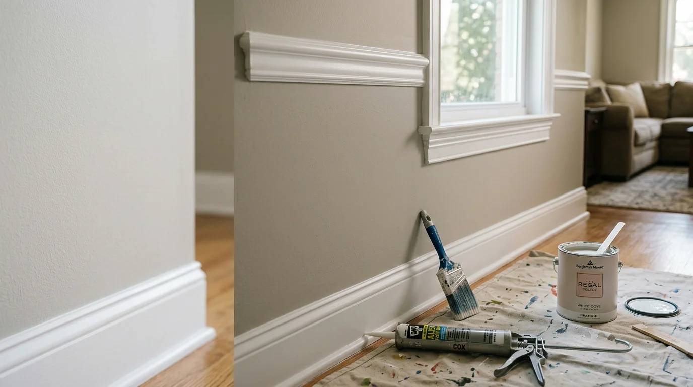Freshly painted white trim along baseboards and door casings in a Nassau County home interior. Clean lines where trim meets painted walls show precise brushwork and a smooth semi-gloss finish.